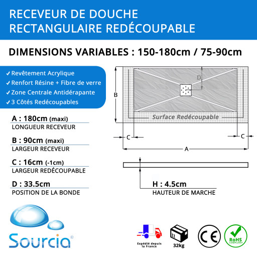 Receveur AQUAPLUS - 180x90 Blanc
