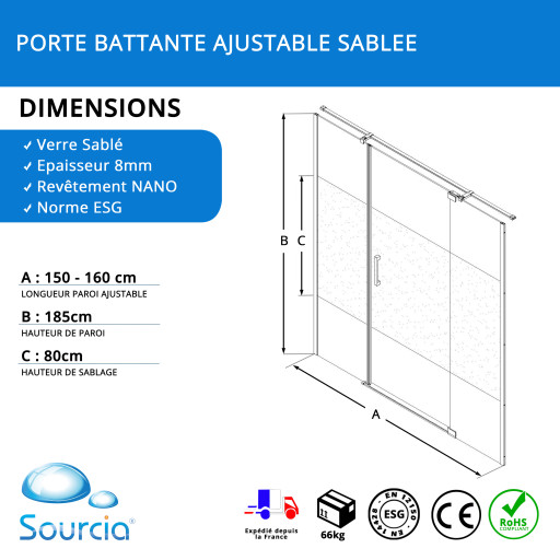 Paroi de douche fixe sable avec porte pivotante pour pose en niche pour salle de bain PMR