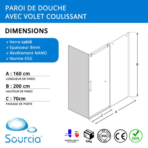 Paroi de douche sable 160 cm avec porte coulissante pour pose en niche dans salle de bain PMR