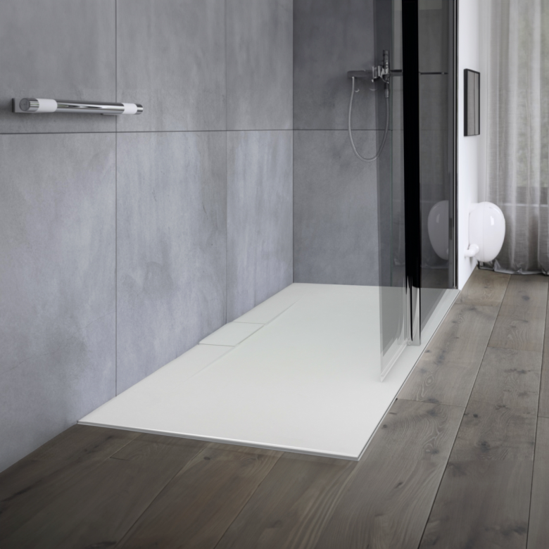 receveur de douche blanc extra plat aqualite ultraslim avec bonde laterale pour salle de bain