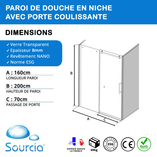 Paroi de douche 160 cm avec porte coulissante pour pose en niche dans salle de bain PMR