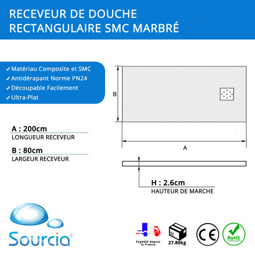Receveur de douche AQUALITE ULTRASLIM - Bonde Frontale - 200x80 Marbr�