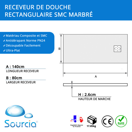 Receveur de douche AQUALITE ULTRASLIM - Bonde Frontale - 140x80 Marbr�