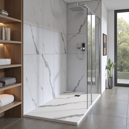 Receveur de douche MARBRE extra-plat AQUALITE ULTRASLIM  avec Bonde Frontale pour salle de bain PMR