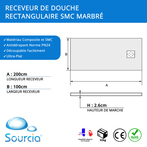Receveur AQUALITE ULTRASLIM - Bonde Frontale - 200x100 Marbr