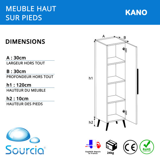Meuble haut colonne pr�assembl� pour salle de bain KANO - Blanc neige