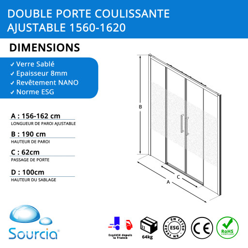 Paroi de douche 160 cm avec double porte coulissante ajustable  pour salle de bain PMR