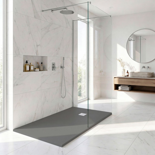 Receveur de douche GRIS extra-plat AQUALITE ULTRASLIM  avec Bonde Frontale pour salle de bain PMR