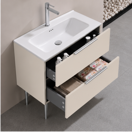 Meuble salle de bain KANO 120 cm sur pieds avec vasque c�ramique  coloris beige vanille pr�mont�