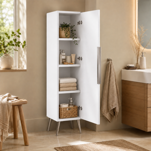 Meuble haut colonne pr�assembl� pour salle de bain KANO - Blanc neige