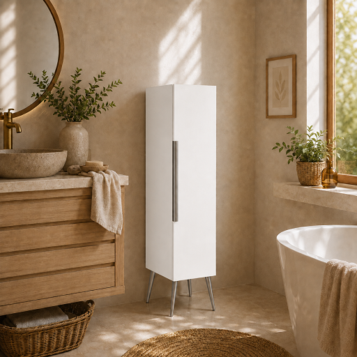 Meuble haut colonne pr�assembl� pour salle de bain KANO - Blanc neige