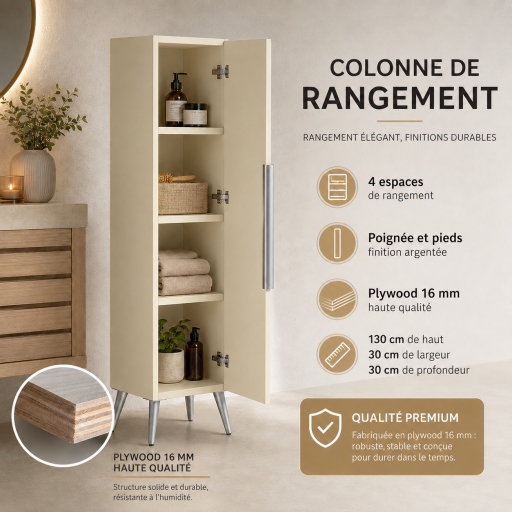 Meuble haut colonne pour salle de bain 130 cm sur pieds coloris ch�ne pr�mont�
