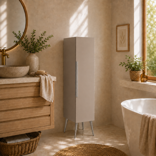 Meuble haut colonne pour salle de bain 130 cm sur pieds coloris taupe pr�mont�