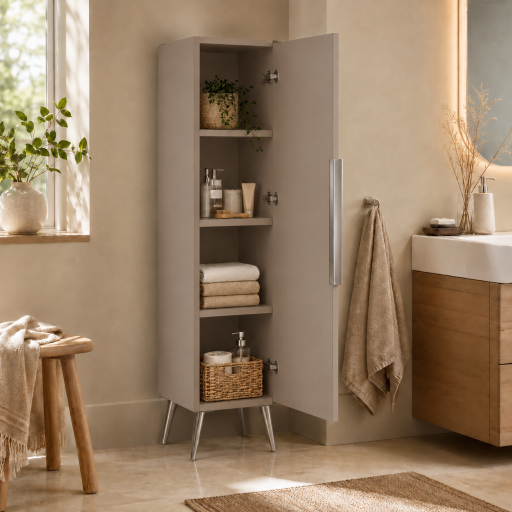Meuble haut colonne pour salle de bain 130 cm sur pieds coloris taupe pr�mont�