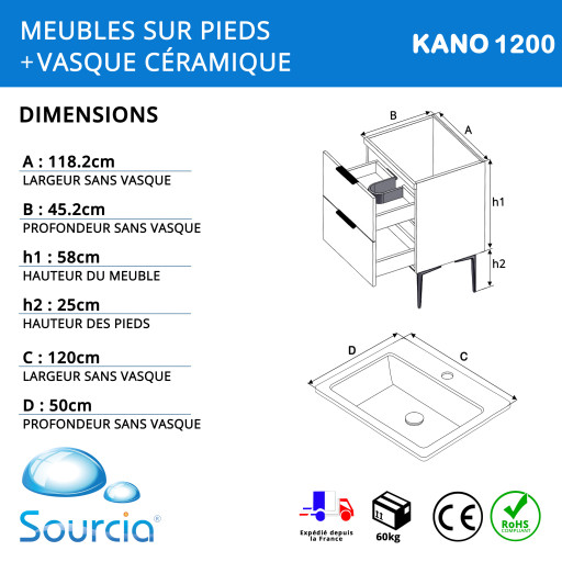 Meuble de salle de bain KANO 120 cm sur pieds avec vasque c�ramique, bois Plywood 16 mm, 5 coloris, Pr�mont�
