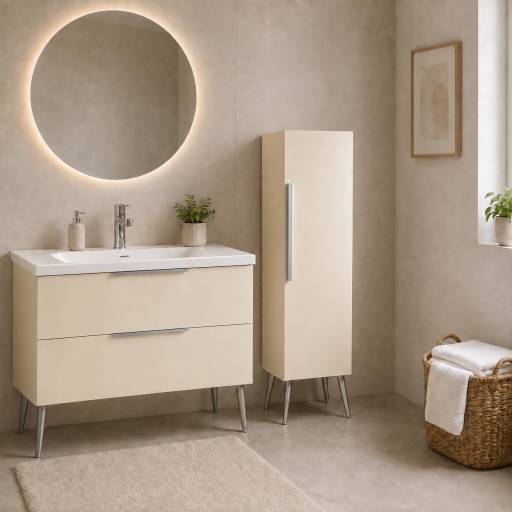 Meuble de salle de bains KANO 120 cm beige vanille, dans une salle de bains avec colonne assortie