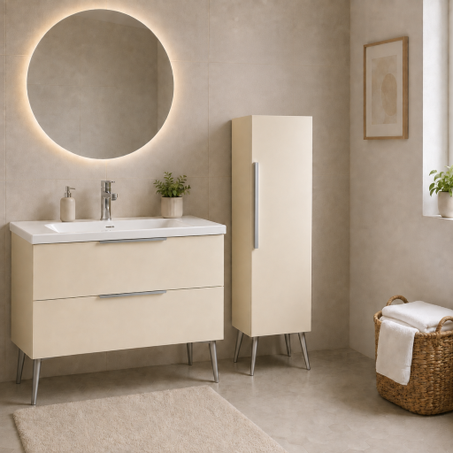 Meuble salle de bain KANO 120 cm sur pieds avec vasque c�ramique  coloris beige vanille pr�mont�