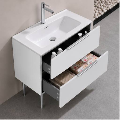 Meuble salle de bain KANO 120 cm sur pieds avec vasque c�ramique coloris blanc neige pr�mont�
