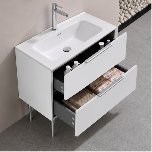 Meuble salle de bain KANO 120 cm sur pieds avec vasque c�ramique � Blanc Neige � Pr�mont�