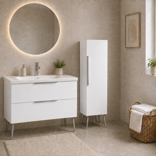 Meuble salle de bain KANO 120 cm sur pieds avec vasque c�ramique � Blanc Neige � Pr�mont�