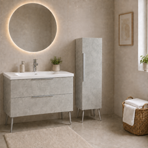 Meuble salle de bain KANO 120 cm sur pieds avec vasque c�ramique coloris gris ciment pr�mont�