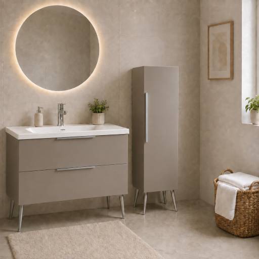 Meuble de salle de bains KANO 120 cm Taupe, dans une salle de bains avec colonne assortie