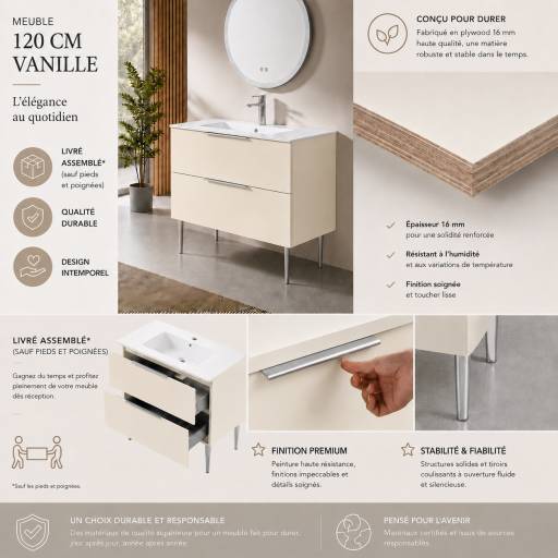 Meuble de salle de bains KANO 120 cm beige vanille, pr�sentation des finitions et des rangements
