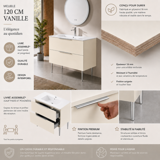 Meuble salle de bain KANO 120 cm sur pieds avec vasque c�ramique  coloris beige vanille pr�mont�
