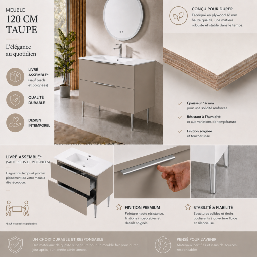 Meuble salle de bain KANO 120 cm sur pieds avec vasque c�ramique  coloris Taupe pr�mont�