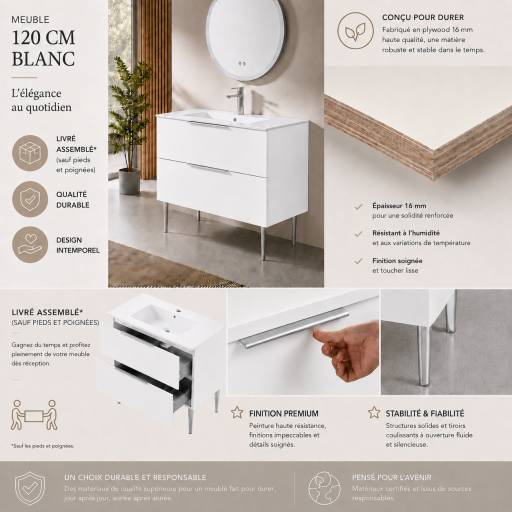 Meuble salle de bain KANO 120 cm sur pieds avec vasque c�ramique coloris blanc neige pr�mont�