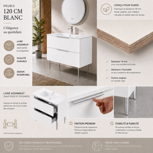 Meuble salle de bain KANO 120 cm sur pieds avec vasque c�ramique coloris blanc neige pr�mont�