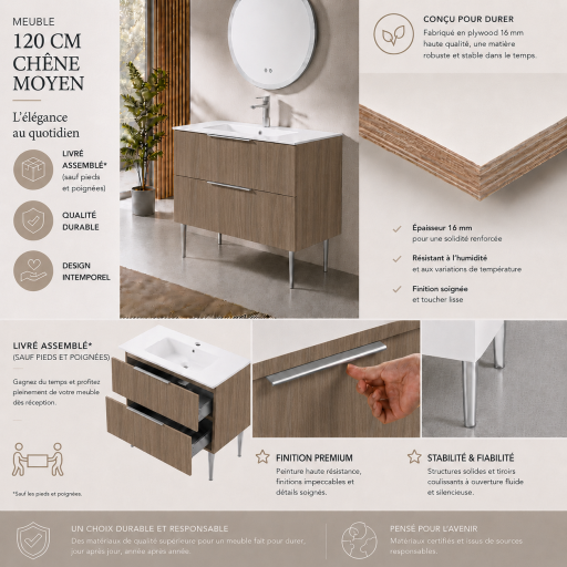 Meuble salle de bain KANO 120 cm sur pieds avec vasque c�ramique coloris ch�ne pr�mont�