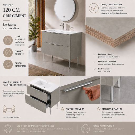 Meuble salle de bain KANO 120 cm sur pieds avec vasque c�ramique coloris gris ciment pr�mont�