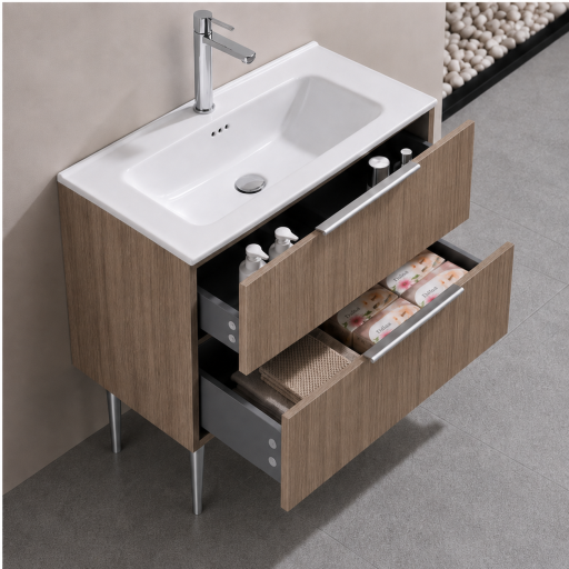 Meuble salle de bain KANO 120 cm sur pieds avec vasque c�ramique coloris ch�ne pr�mont�