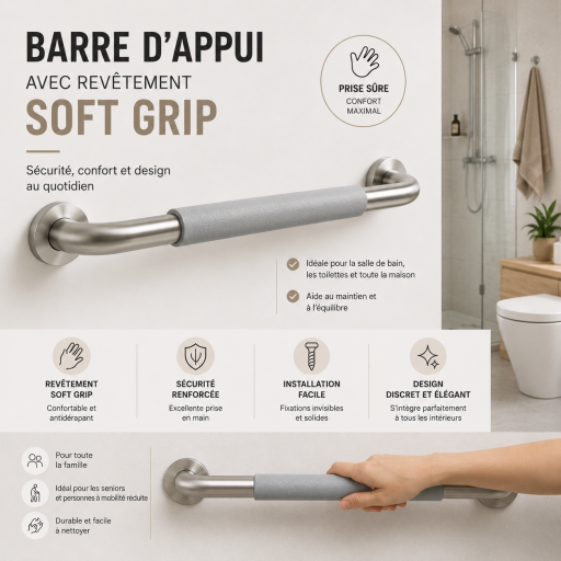 Barre d'appui droite COMFORT GRIP en acier bross� bords arrondis 35 cm