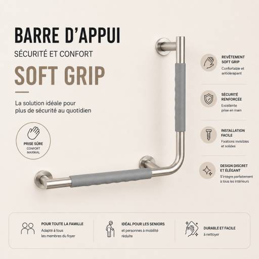 Barre d�appui COMFORT GRIP 90� droite en acier bross�, pr�sentation des caract�ristiques