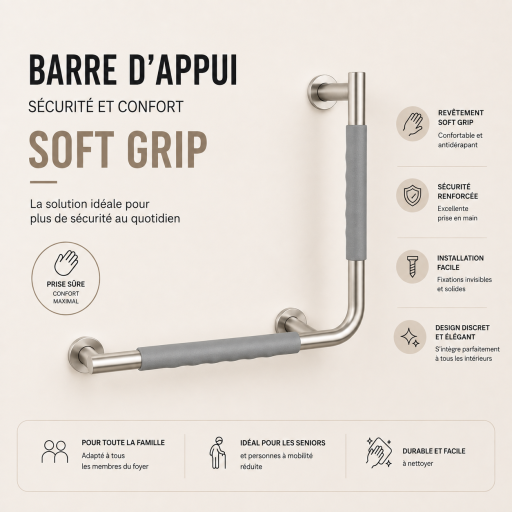 Barre d'appui 90� COMFORT GRIP en acier bross� droite