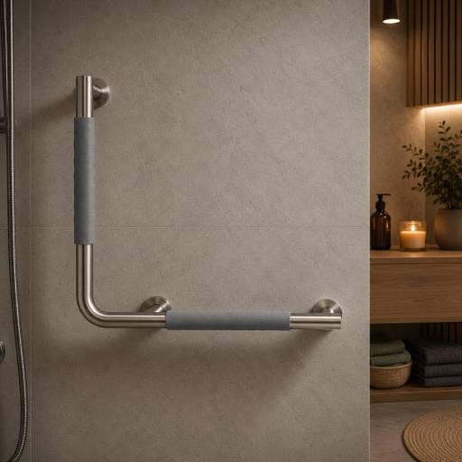 Barre d�appui COMFORT GRIP 90� droite en acier bross�, install�e dans une salle de bains