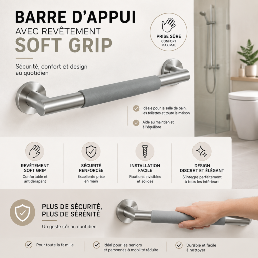 Barre d'appui droite COMFORT GRIP en acier bross� 35 cm