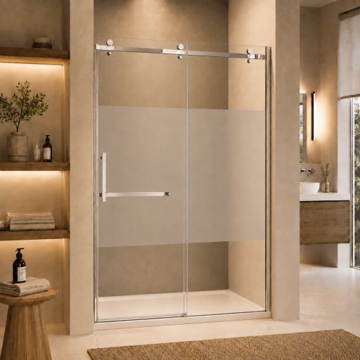 Paroi de douche sabl�e 160 cm avec porte coulissante pour pose en niche dans salle de bain PMR