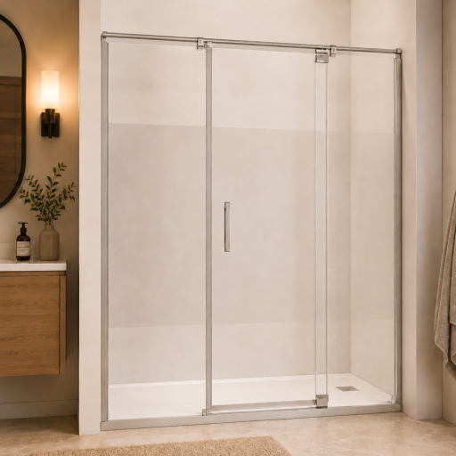 Paroi de douche fixe sabl�e avec porte pivotante pour pose en niche pour salle de bain PMR