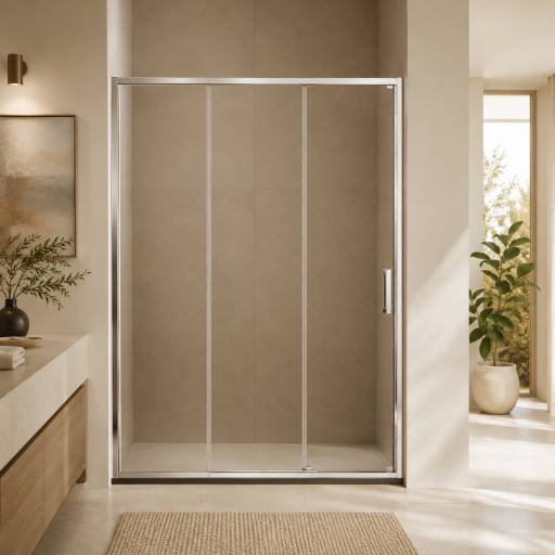 Paroi de douche � trois volets coulissants, install�e dans une salle de bains