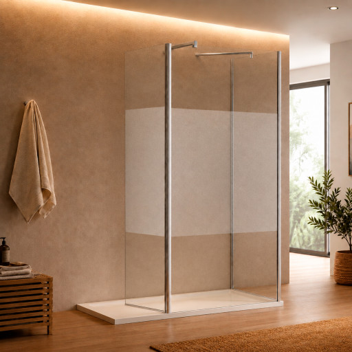 Paroi de douche fixe sabl�e avec retour sur fixe et volet pivotant - Verre �pais 8 mm - PMR