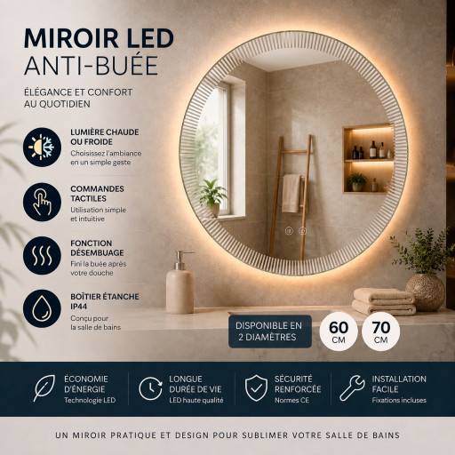 Miroir salle de bain rond LED anti-bu�e 60 cm tactile  IP44 SA26-006