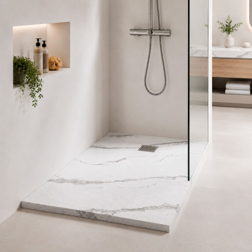 Receveur de douche en SMC finition MARBRE extra-plat AQUALITE ULTRASLIM  avec Bonde Frontale