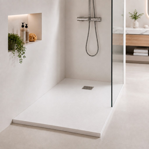 Receveur de douche BLANC extra-plat AQUALITE ULTRASLIM avec Bonde Frontale pour salle de bain PMR