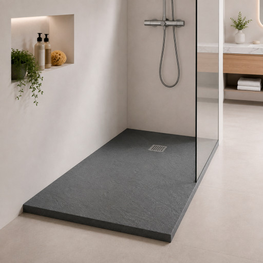 Receveur de douche GRIS extra-plat AQUALITE ULTRASLIM  avec Bonde Frontale pour salle de bain PMR