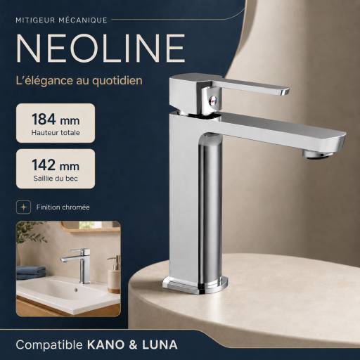 Robinet m�canique NEOLINE chrom�, pr�sentation du mod�le et de ses dimensions