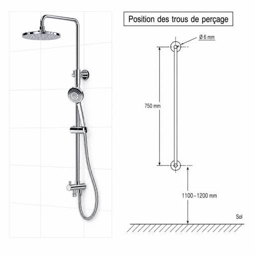 Sch�ma cot� de la colonne de douche RD020