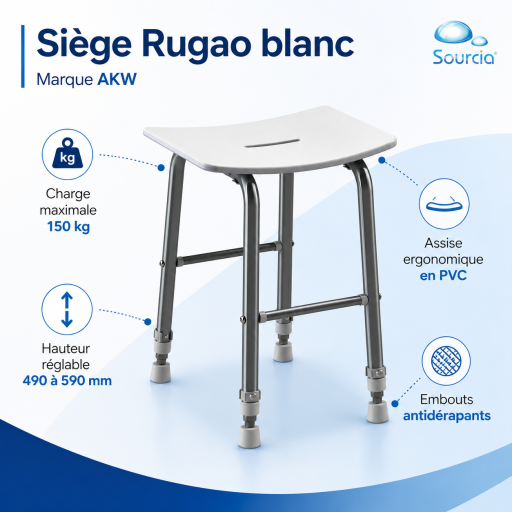 Tabouret de douche RUGAO BLANC r�glable pour salle de bain PMR